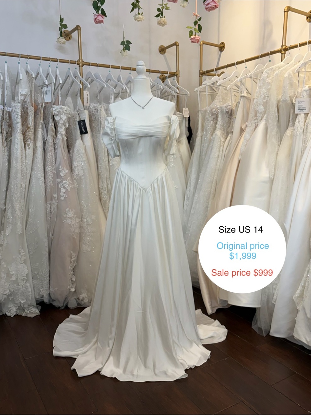 Essense of Australia Off-Shoulder Ivory Satin Wedding Gown